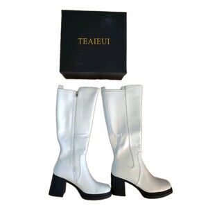 TEAIEUI White Knee High Boots Women Size 11 Platform Chunky Block High Heel New